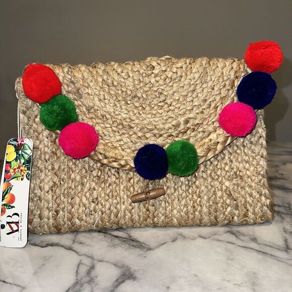NWT America & Beyond Pom Pom Straw Clutch Handmade Upcycled Jute Straw Handbag - Picture 2 of 8